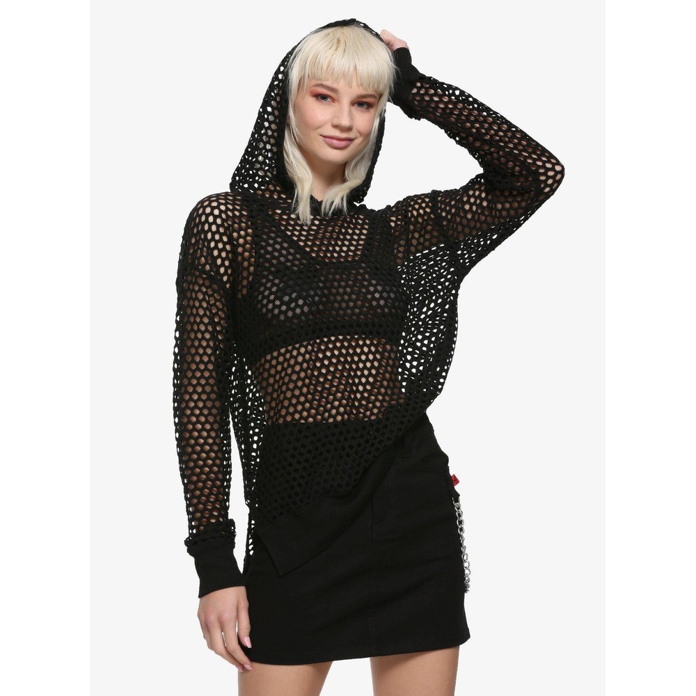 HOT TOPIC Women's Black Long Sleeve Fishnet Hoodie Size Juniors XL - Picture 2 of 7